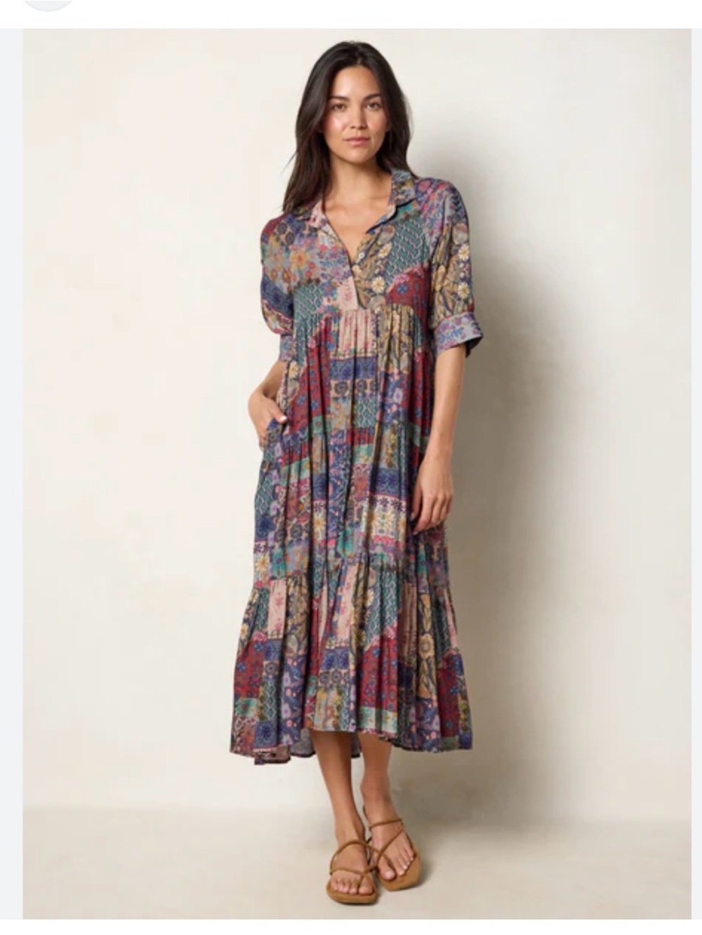 NATURAL LIFE Rebecca Midi Dress - Blue Patchwork Print Rayon Size Medium - Picture 2 of 9